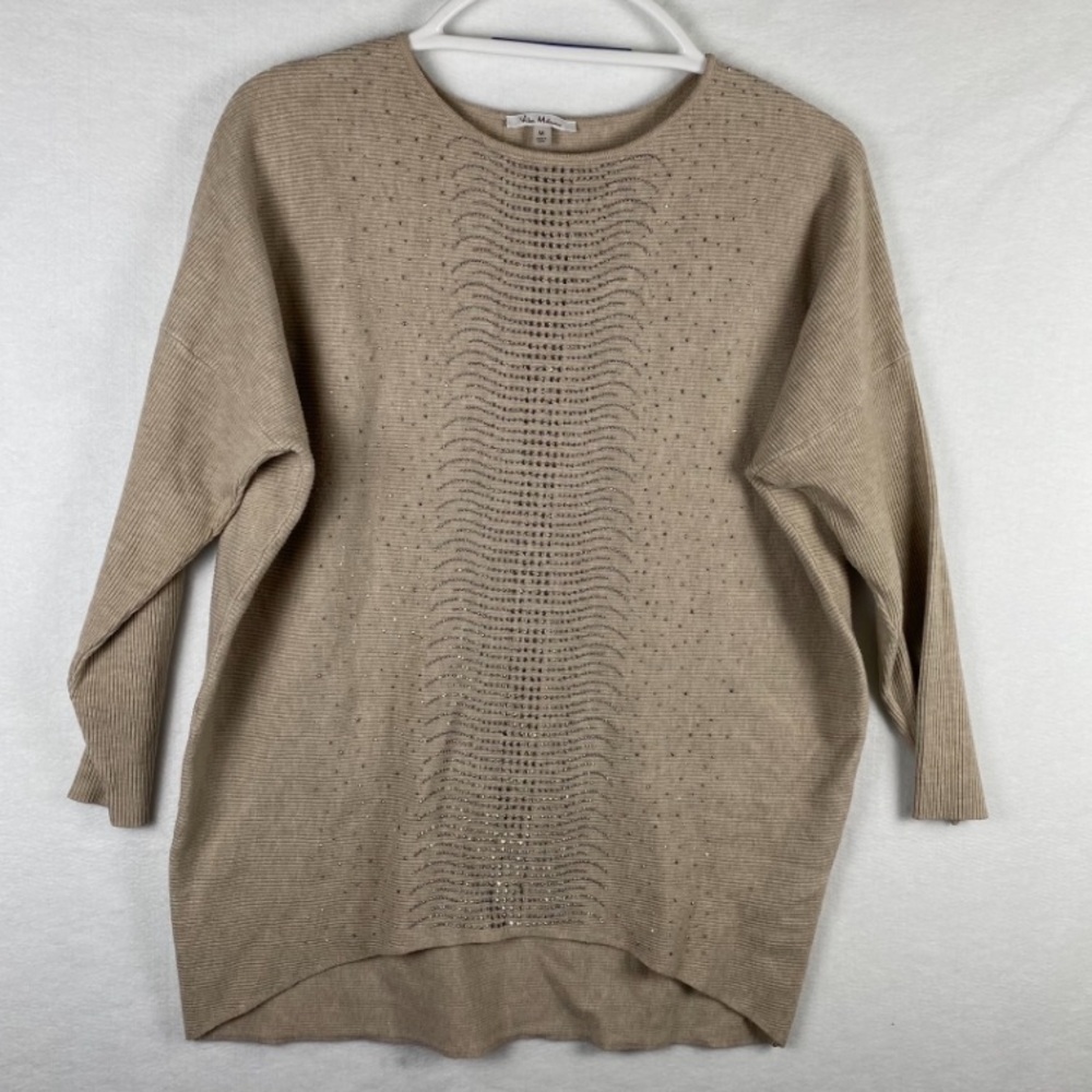 ๐บ 3/$25 ๐บ Vila Milano | Beige Rhinestone 3/4 Sleeve Ribbed Sweater | Womens Sz M - Picture 4 of 9